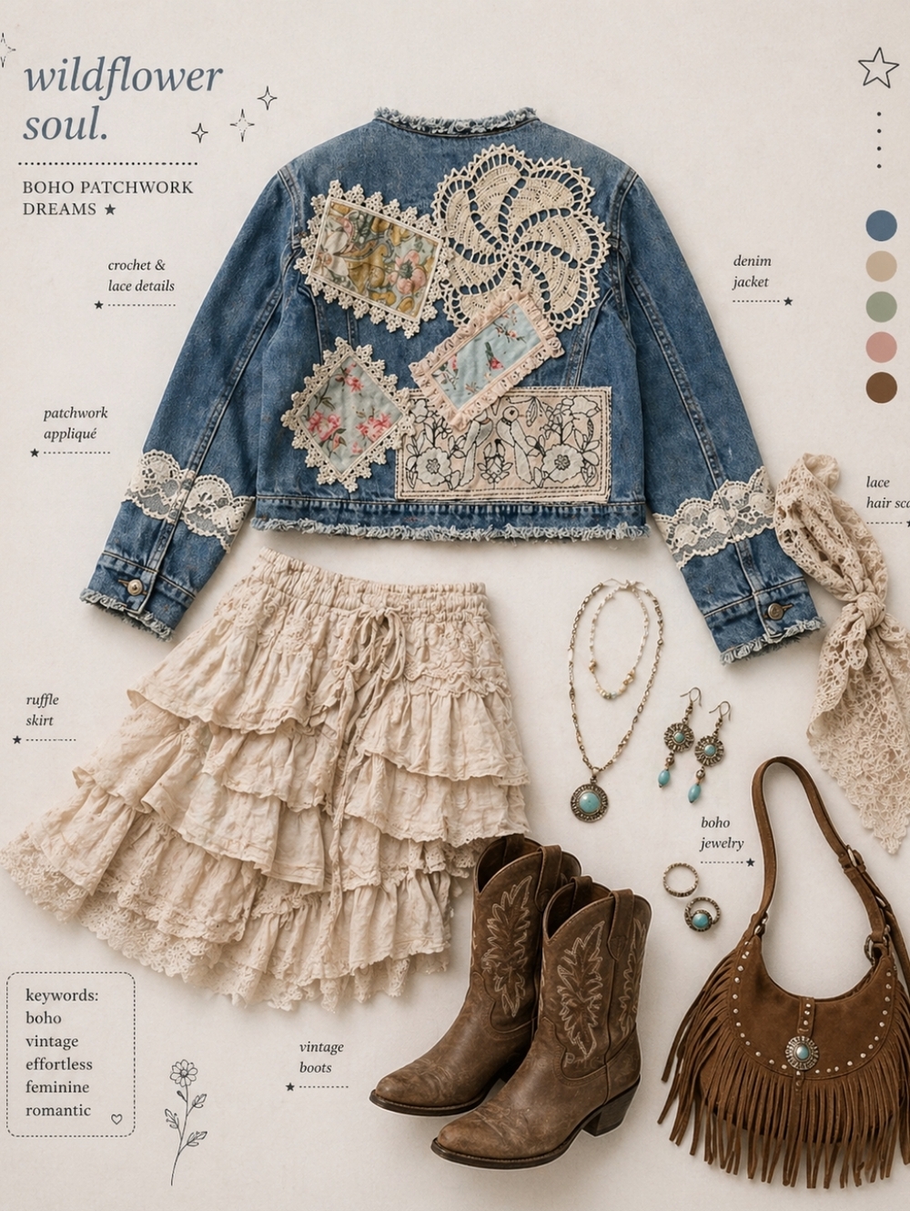 Boho Patchwork Jean Jacket Size S/M Denim Cropped Lace Embroidered Crochet - Picture 6 of 6